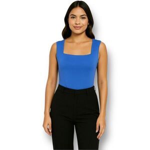 Zara L Blue Bodysuit Square Neck Sleeveless Tank Top Stretch Fitted Minimal NWT